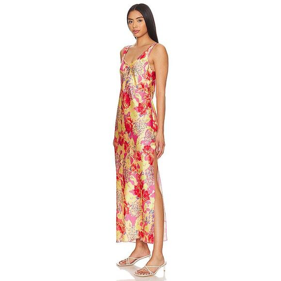 New Free People x Intimately Floral Maxi Dress Pink High Slit Sleeveless Sz L - Picture 3 of 9
